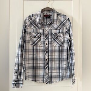 Distortion Custom Rags Black Gray Plaid Button-Up Shirt. Pearl Snaps Small